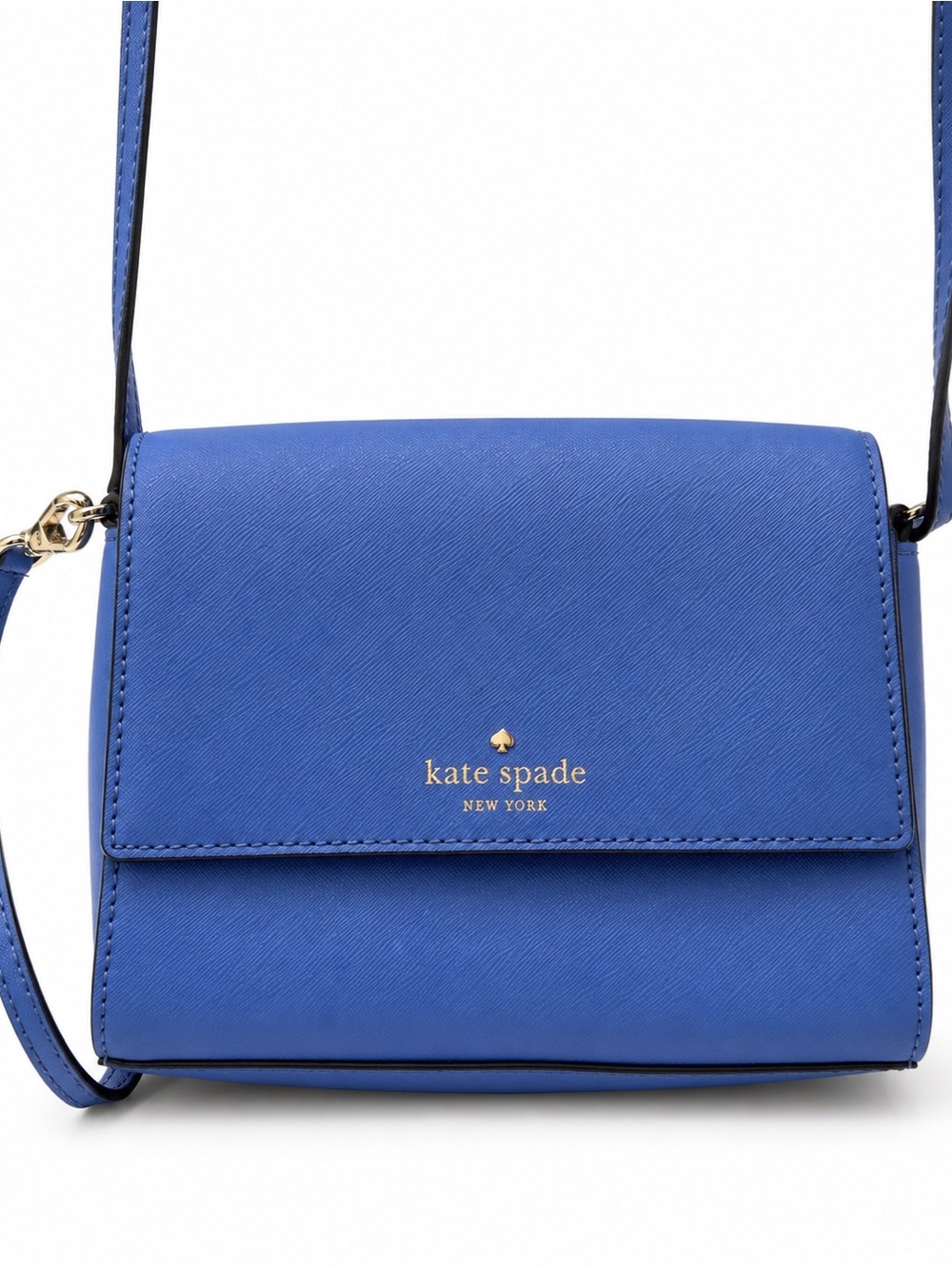 kate spade cobalt blue saffiano crossbody with gold logo